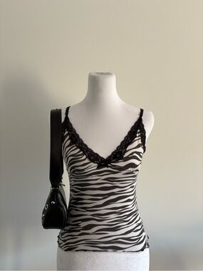 Vintage Y2K Zebra Print Lace Trim Cami Tank Top Rave Festival